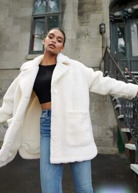 Garage Teddy Coat Cream Faux Sherpa Fleece Pea Coat Women’s Size M / L Cozycore